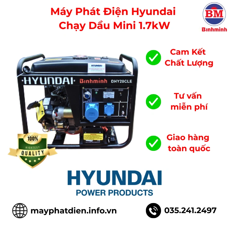 Máy Phát Điện Hyundai Dhy20cle Chạy Dầu Mini 1.7kw