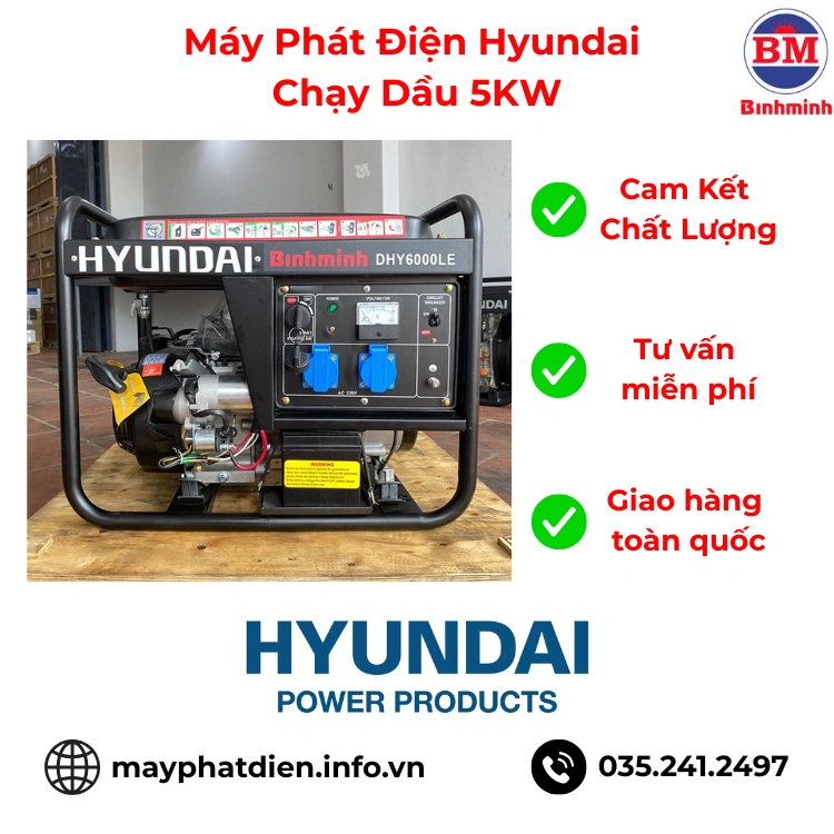 Máy Phát Điện Hyundai Dhy6000le Chạy Dầu 5kw